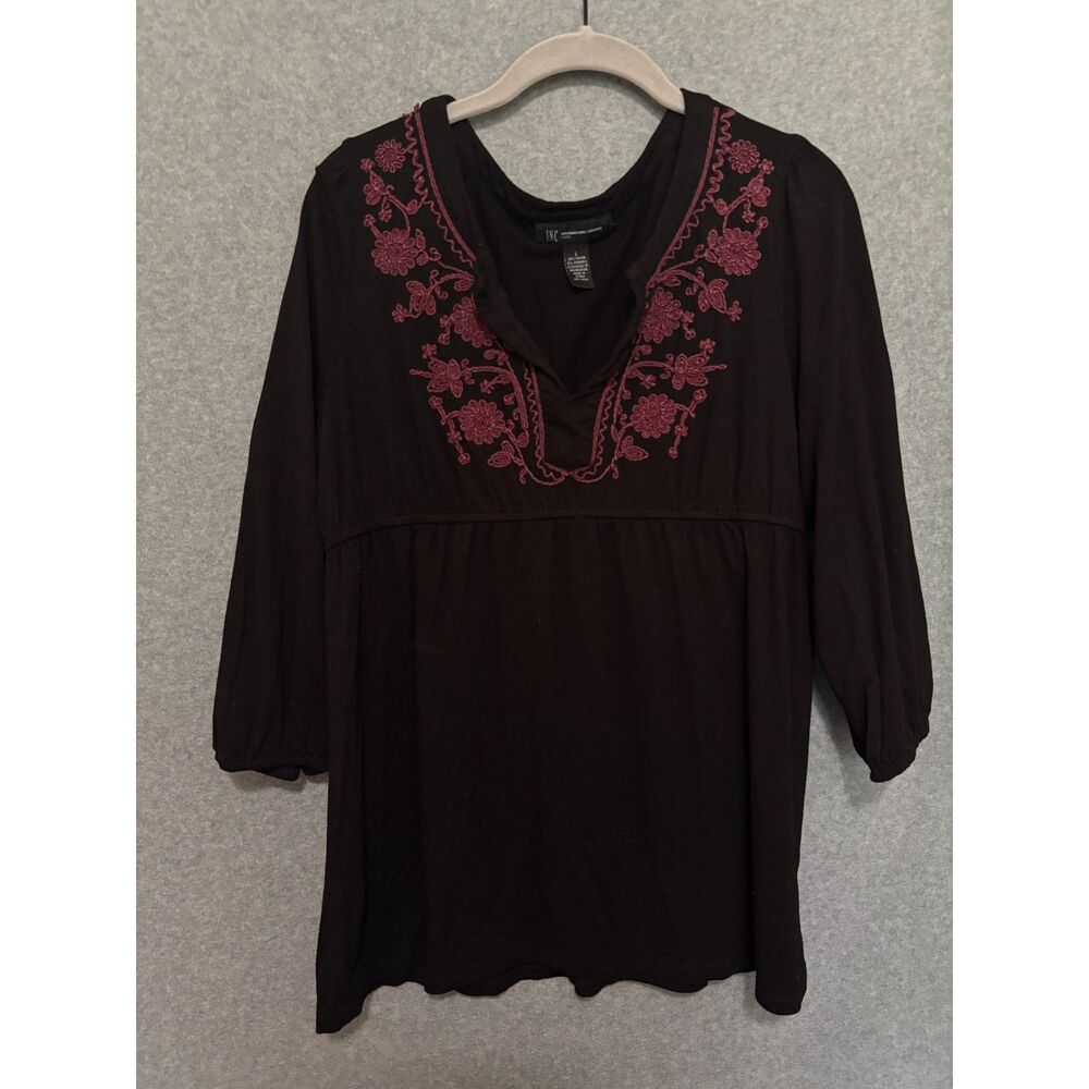 INC Black Embroidered Dark Boho Blouse Flowy Tunic Top Petite Large Fairygrunge